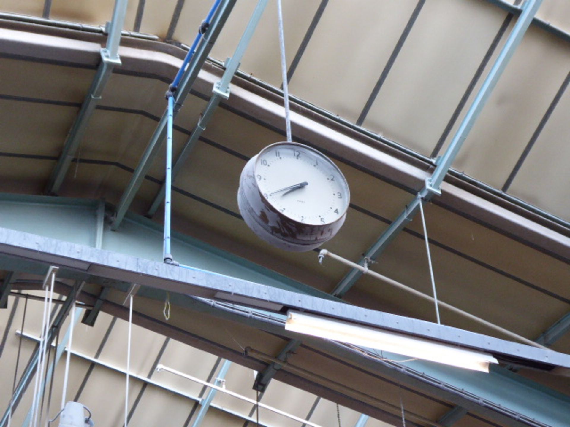 Gent double sided ceiling mounted factory clock together with a similar wall mounted clock - Image 4 of 8