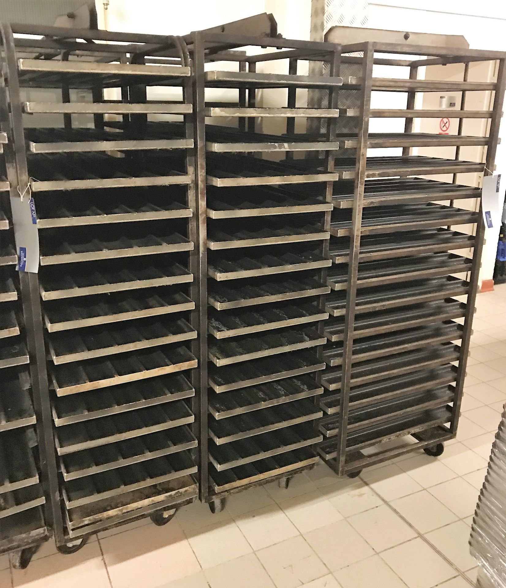 5 Multi Tier Mobile Bread Racks with Divided Trays, 14 tier.