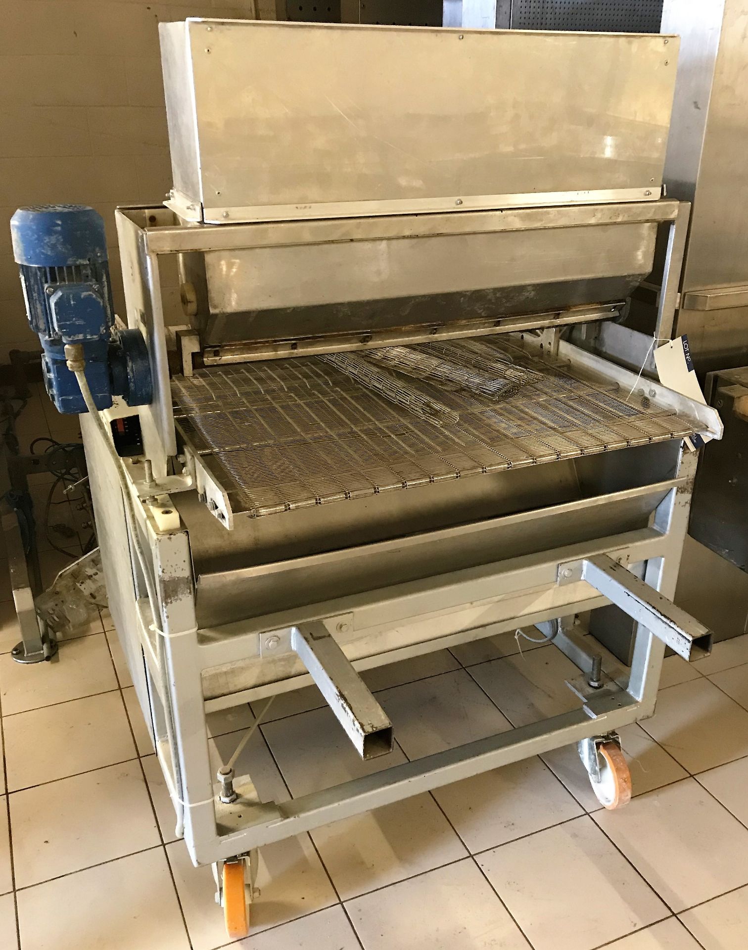 A Brook Mobile Bread Seeding Machine No.J0136 (3ph), mesh conveyor 800mm x 1050mm.