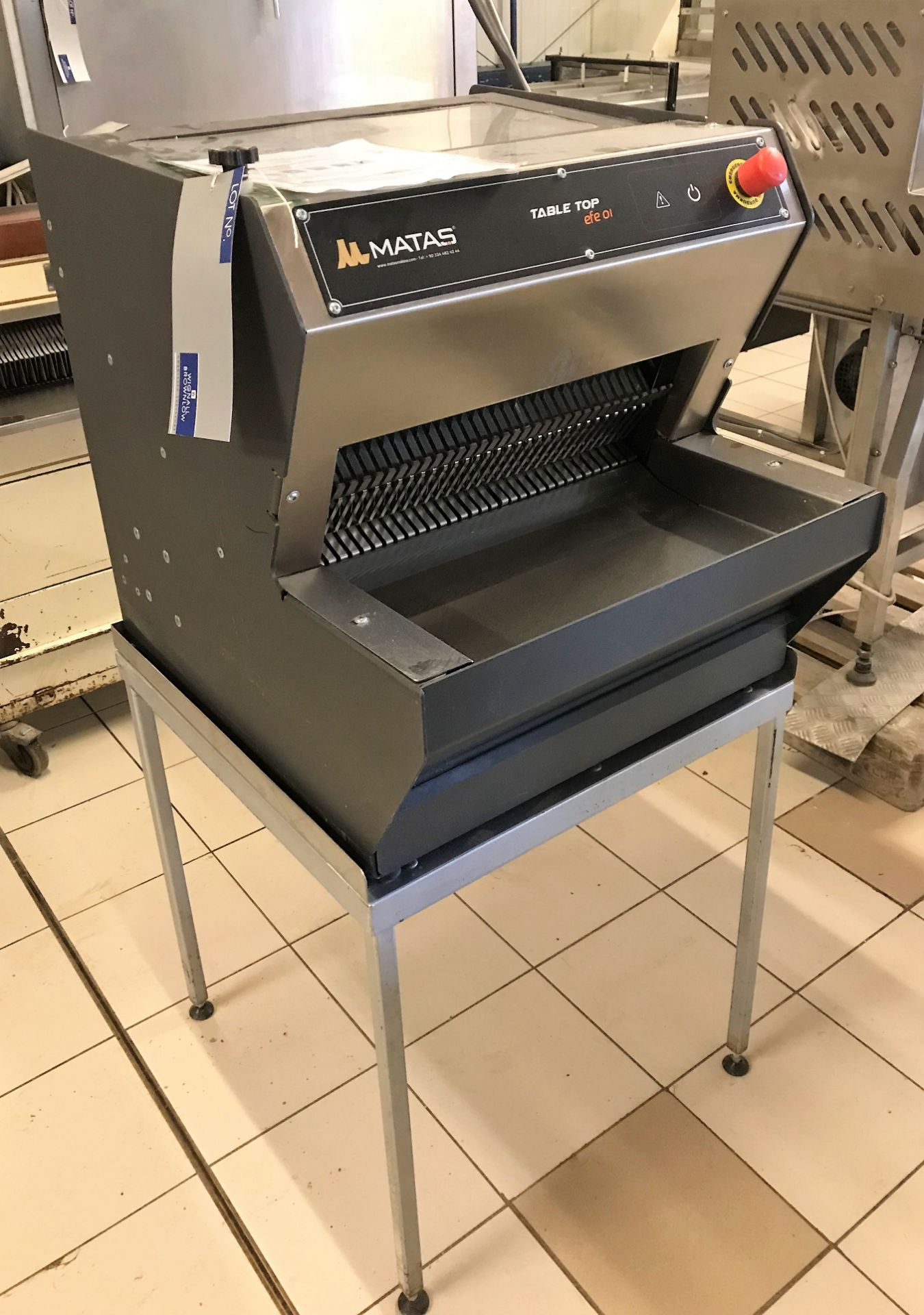 A Matas TABLE TOP efe 01 Sleeved Bread Slicing Machine and Stand No.17681 (12/2017), 1ph, 480mm w.