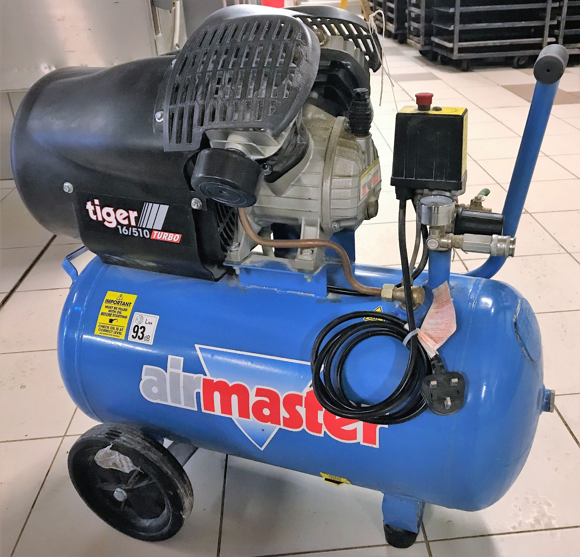 An airmaster tiger 16/510 turbo Mobile V Type Receiver Mounted Air Compressor, 240v, 3HP, 50 litre.