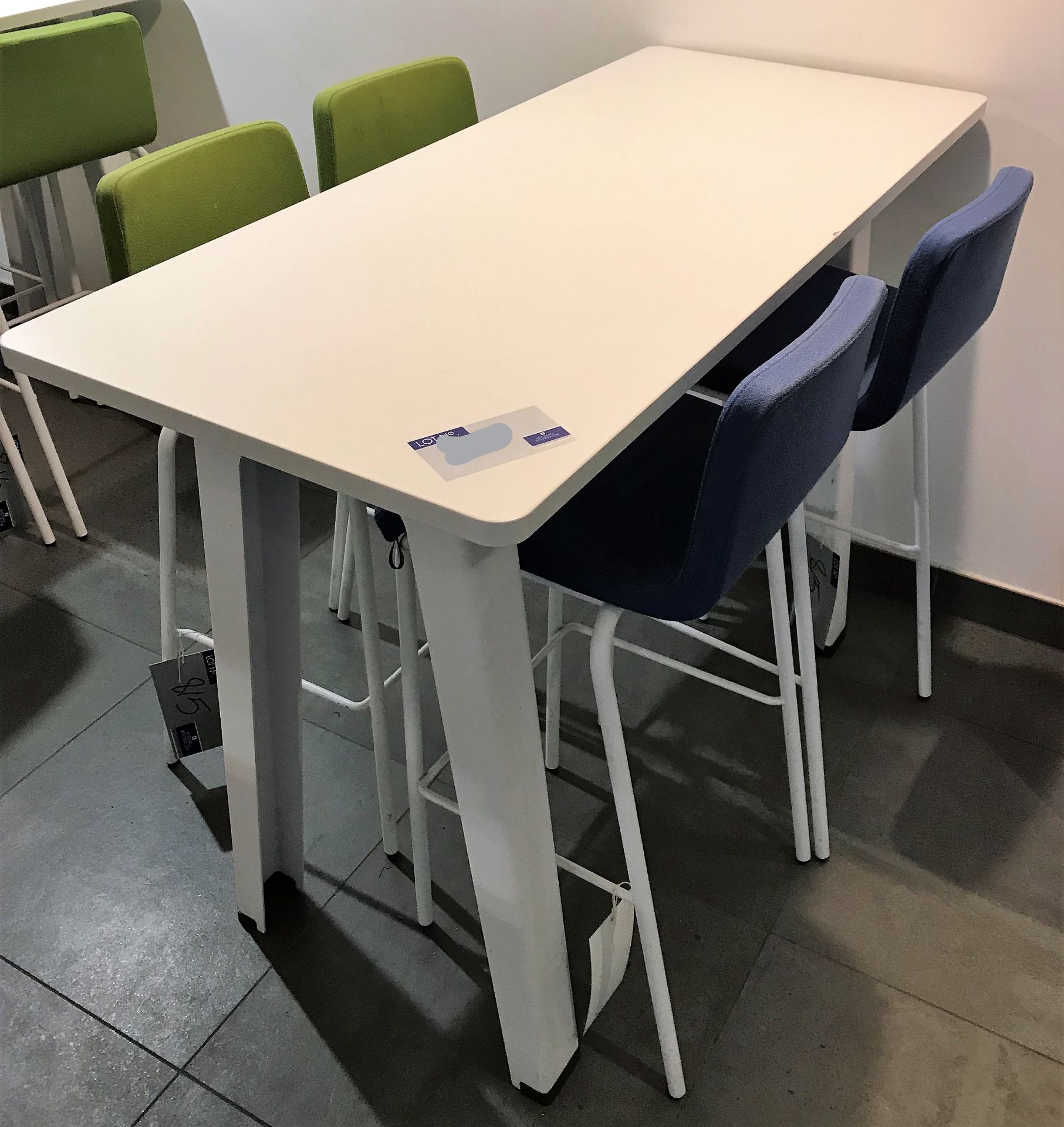 A White Laminate High Table, 1400 x 600 x 1000mm h with 4 Steelcase PBFL-BAR-STO-1 Fabric