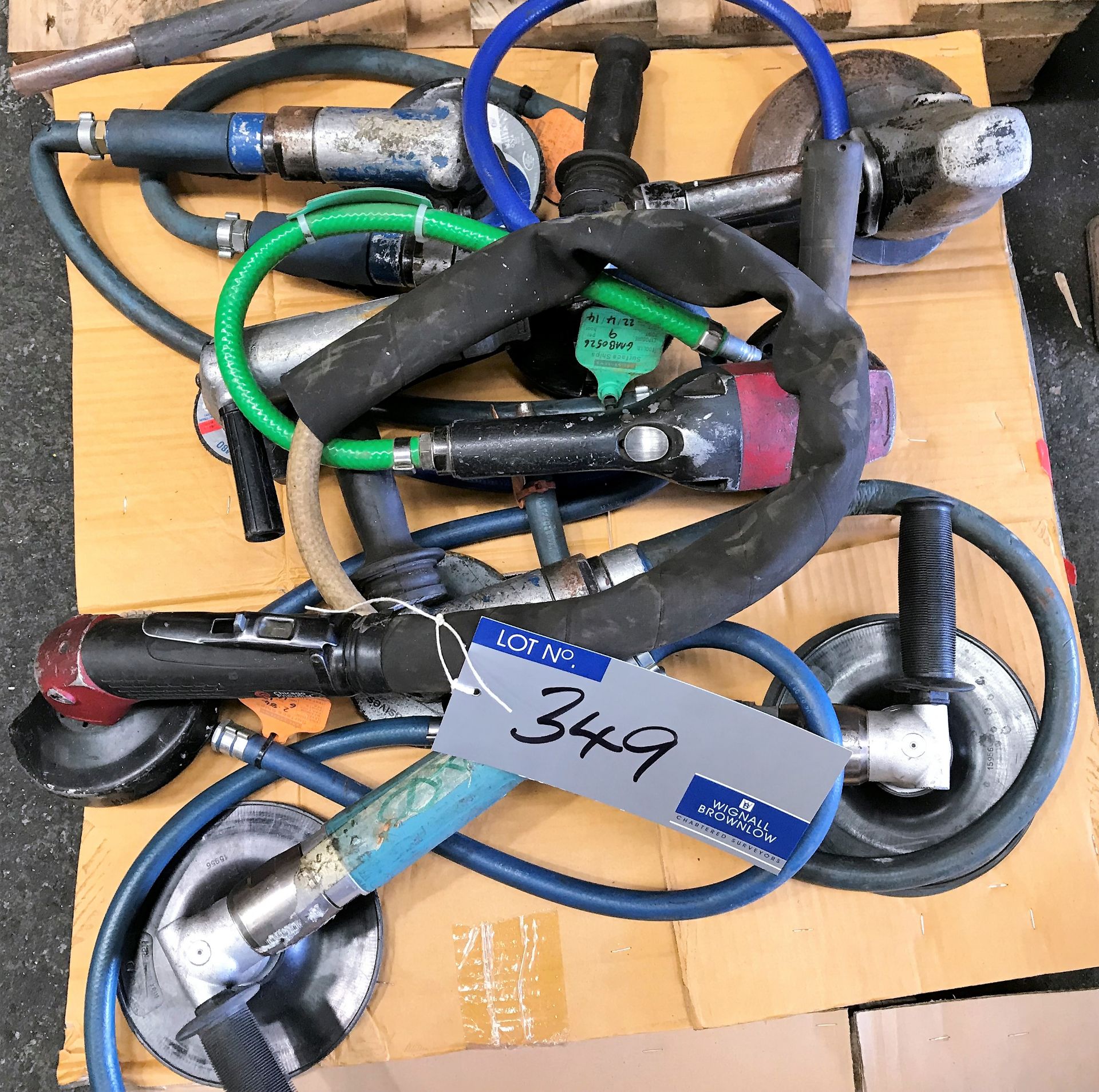 7 Various Pneumatic Disc Grinders with hose and 2 Pneumatic Sanders with hose-located at The Storage