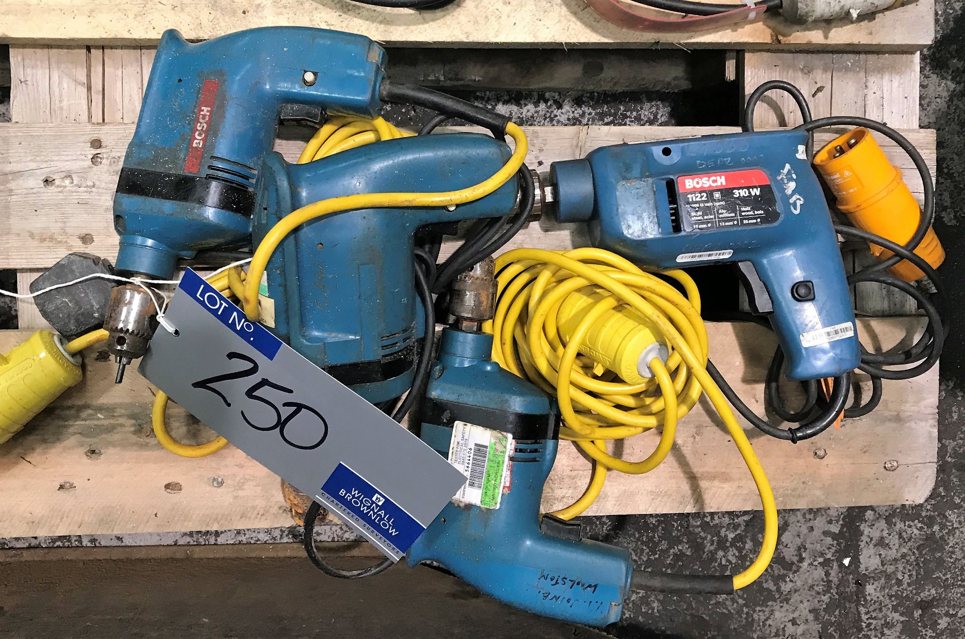 4 Bosch Electric Drills: 3-110v, 1-240v-located at The Storage Place, Junction Street, Hyde, SK14