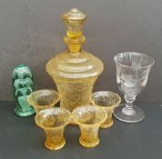 Antique Vintage Parcel of Glass Ware Includes Decanter Paperweight & Etched Drinking Glass