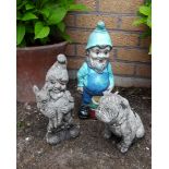 Vintage Garden Ornaments 2 x Gnomes & a Bulldog. NO RESERVE