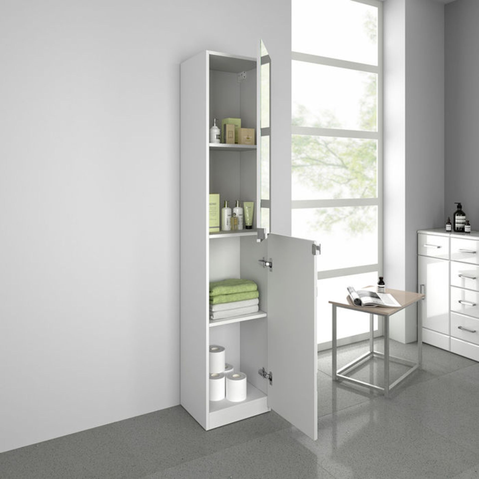 (NY183) 1700x350mm Mirrored Door Matte White Tall Storage Cabinet - Floor Standing. Enjoy the - Image 3 of 4