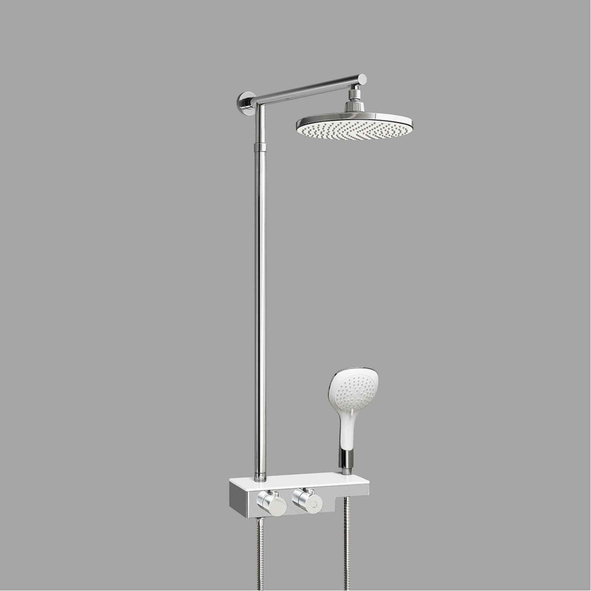 (XM49) Round Exposed Thermostatic Mixer Shower Kit Medium Head & Shelf. Cool to touch shower for