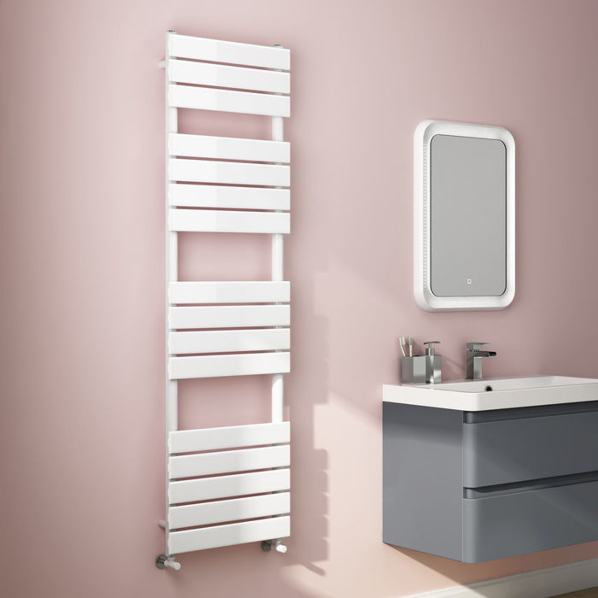 (NY136) 1600x450mm White Flat Panel Ladder Towel Radiator. RRP £219.99. Made from low carbon steel