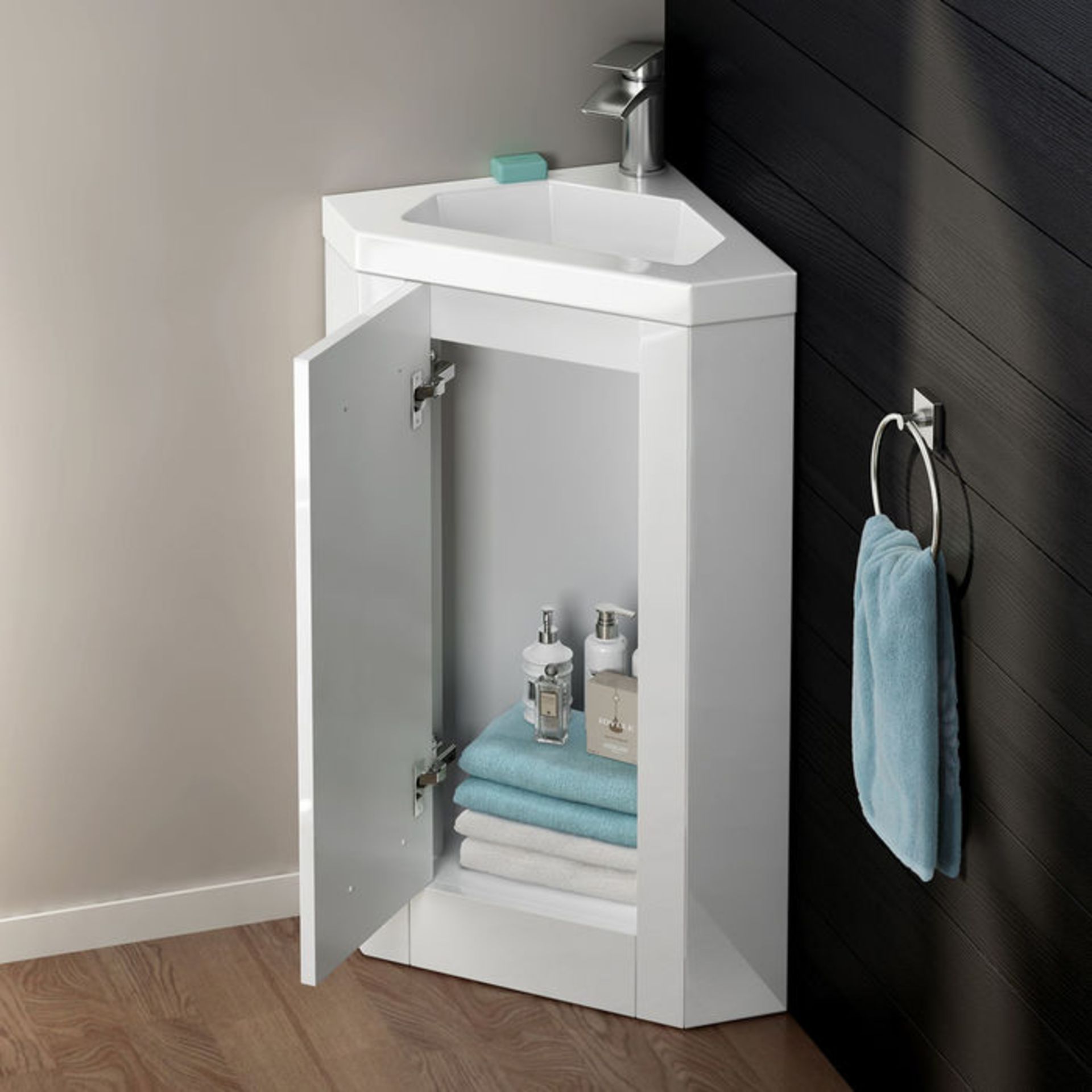 (XM40) 800mmx560mm Trent Corner Basin Cabinet. RRP £299.99. Comes complete with basin. Convenient, - Image 2 of 3