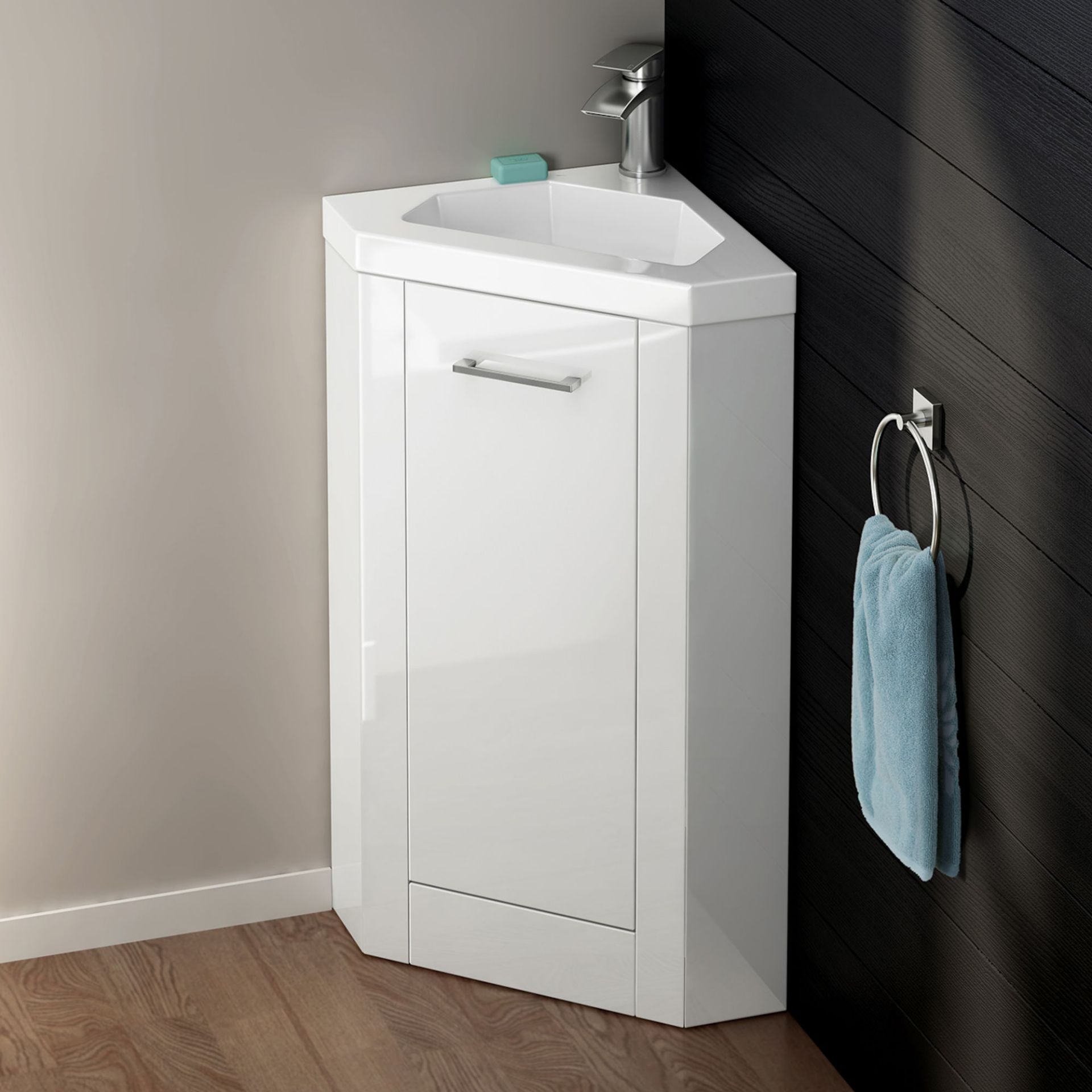 (XM40) 800mmx560mm Trent Corner Basin Cabinet. RRP £299.99. Comes complete with basin. Convenient,