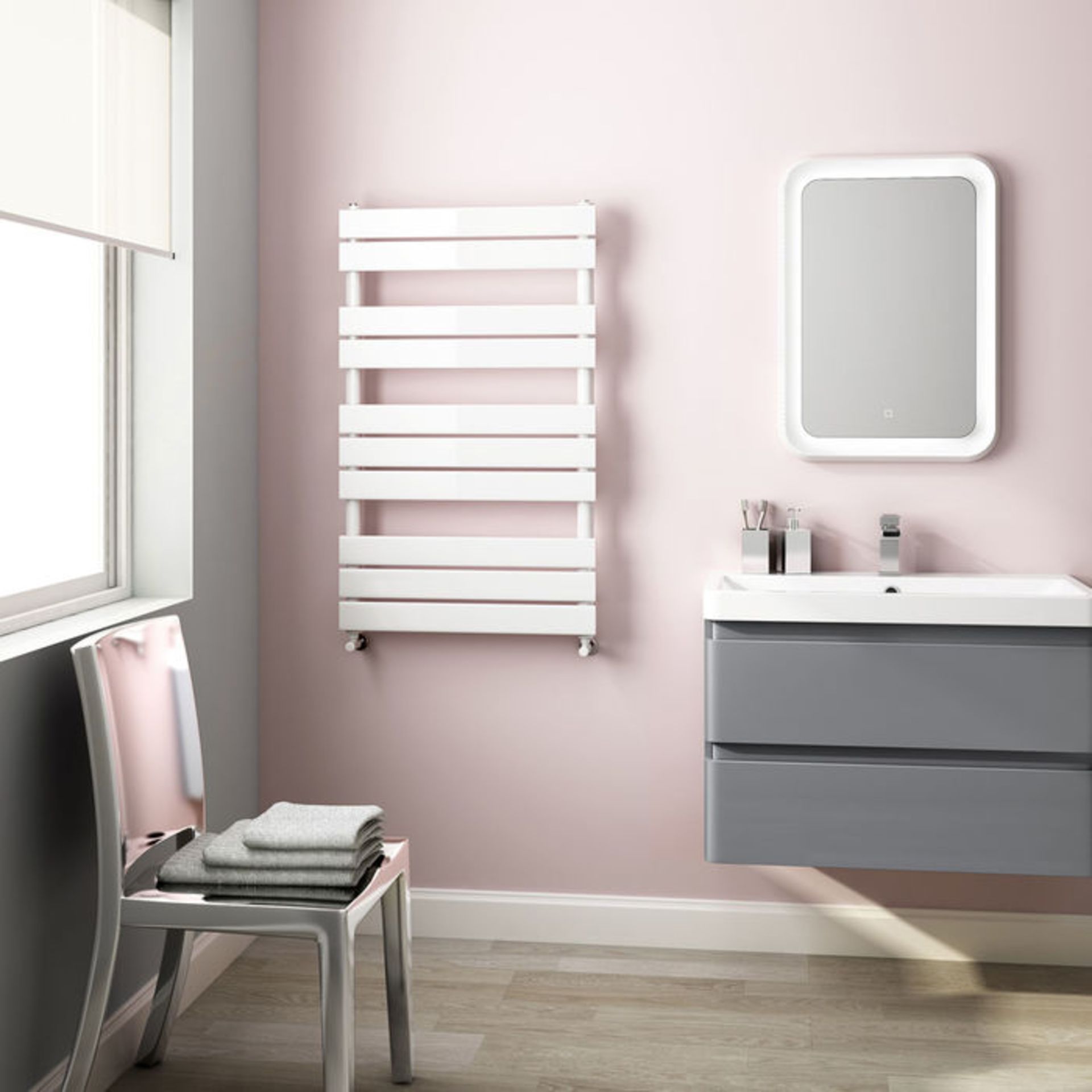 (XM26) 1000x600mm White Flat Panel Ladder Towel Radiator. RRP £267.99. Made from low carbon steel - Image 2 of 2