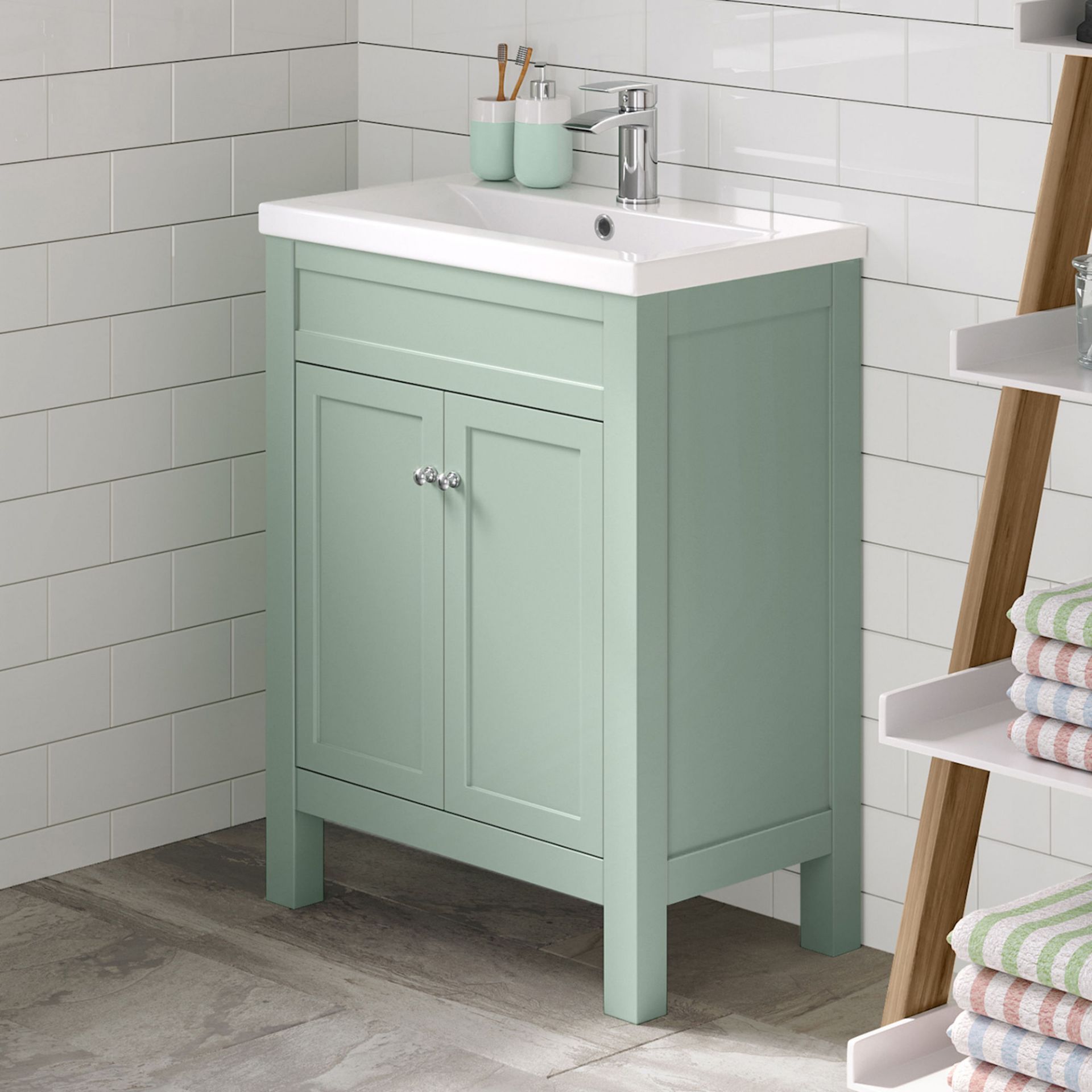 (XM39) 600mm Melbourne Garden Sage Double Door Vanity Unit - Floor Standing. RRP £499.99. Comes