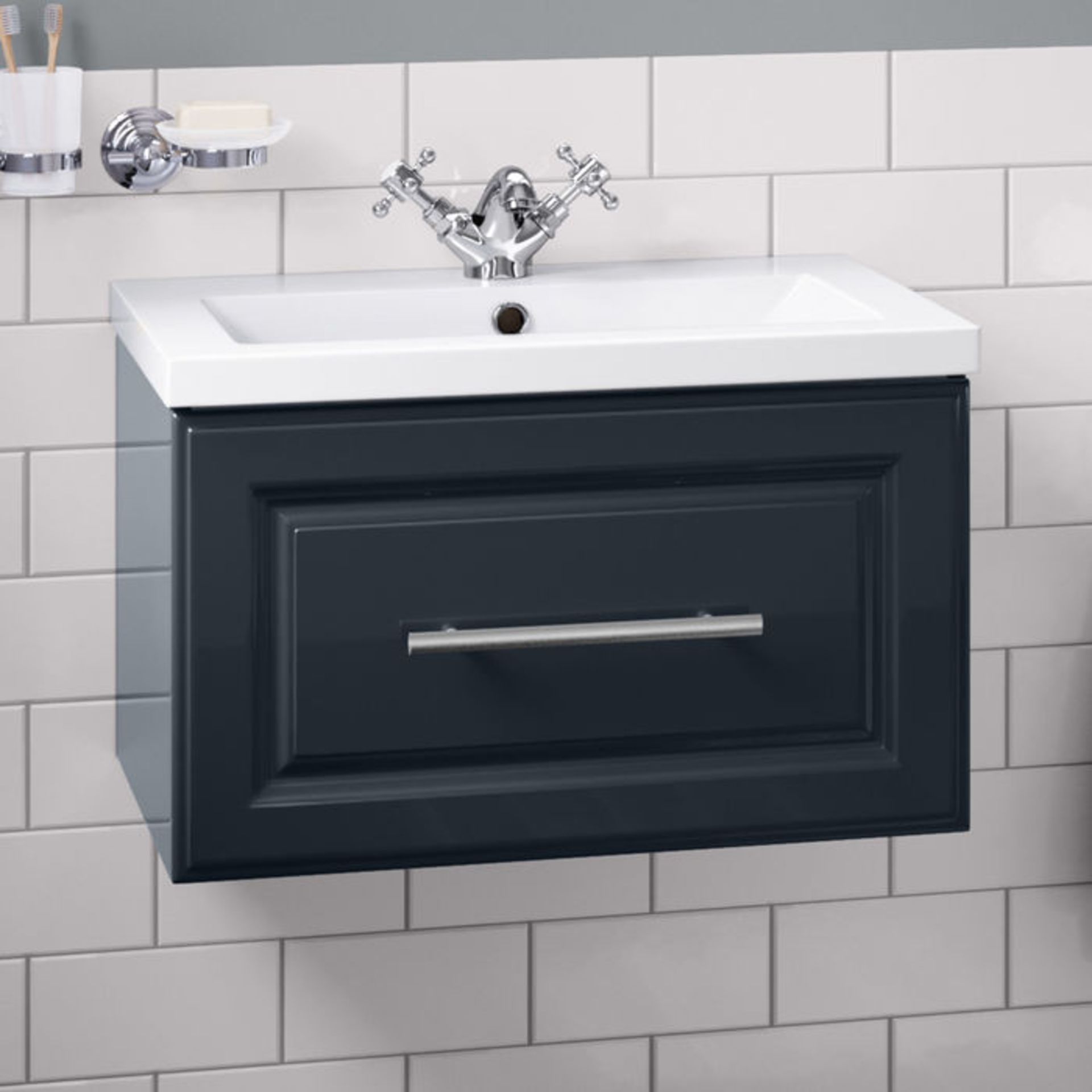 (XM188) 600mm Arden Gloss Black Blue Vanity Unit - Wall Hung. RRP £499.99. Comes complete with