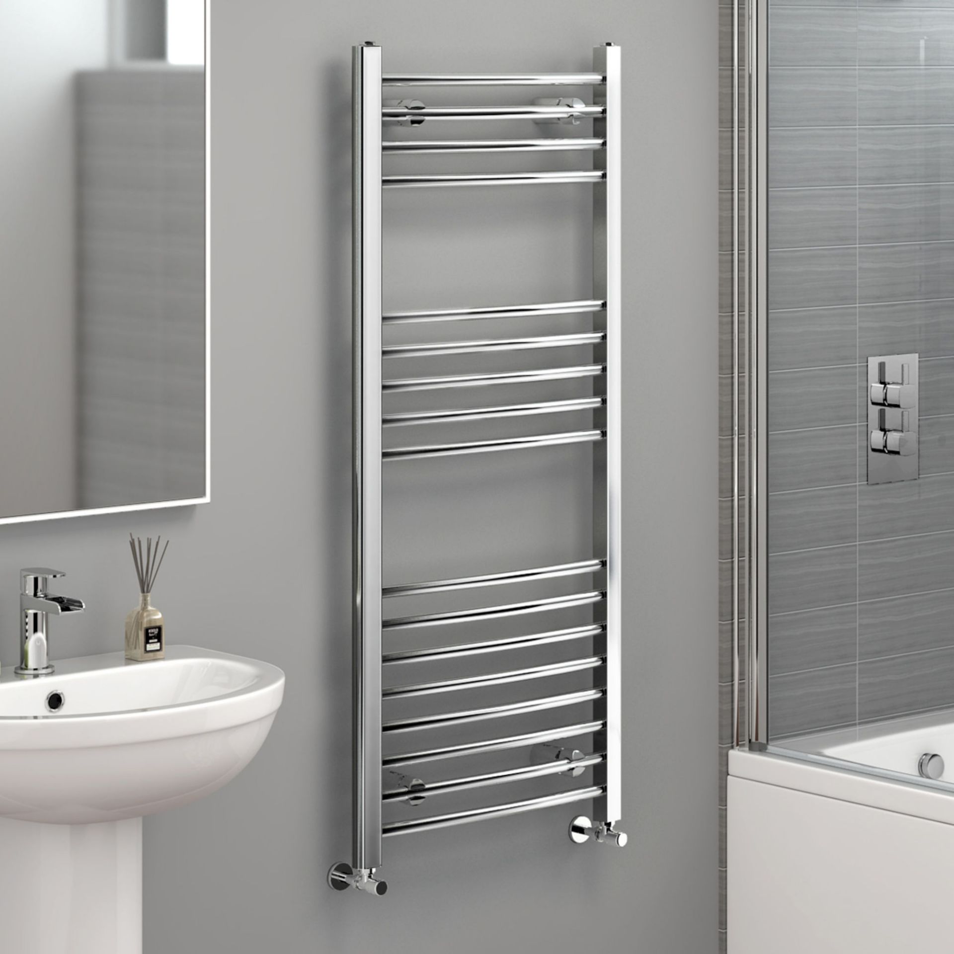 (XM27) 1200x500mm - 20mm Tubes - Chrome Curved Rail Ladder Towel Radiator. Made from chrome plated