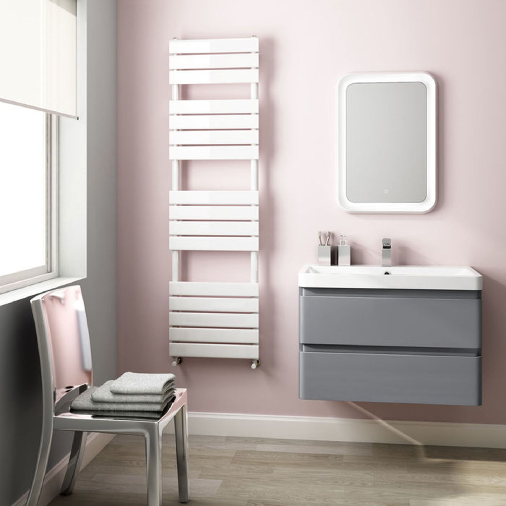 (NY136) 1600x450mm White Flat Panel Ladder Towel Radiator. RRP £219.99. Made from low carbon steel - Image 2 of 2