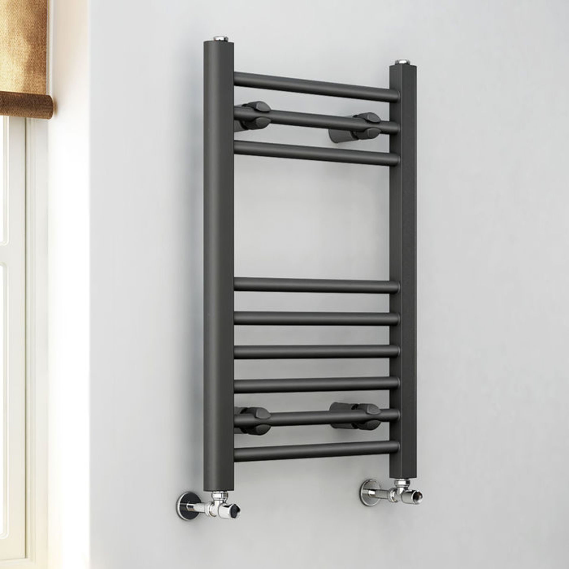 (P111) 650x400mm - 20mm Tubes - Anthracite Heated Straight Rail Ladder Towel Radiator. Corrosion