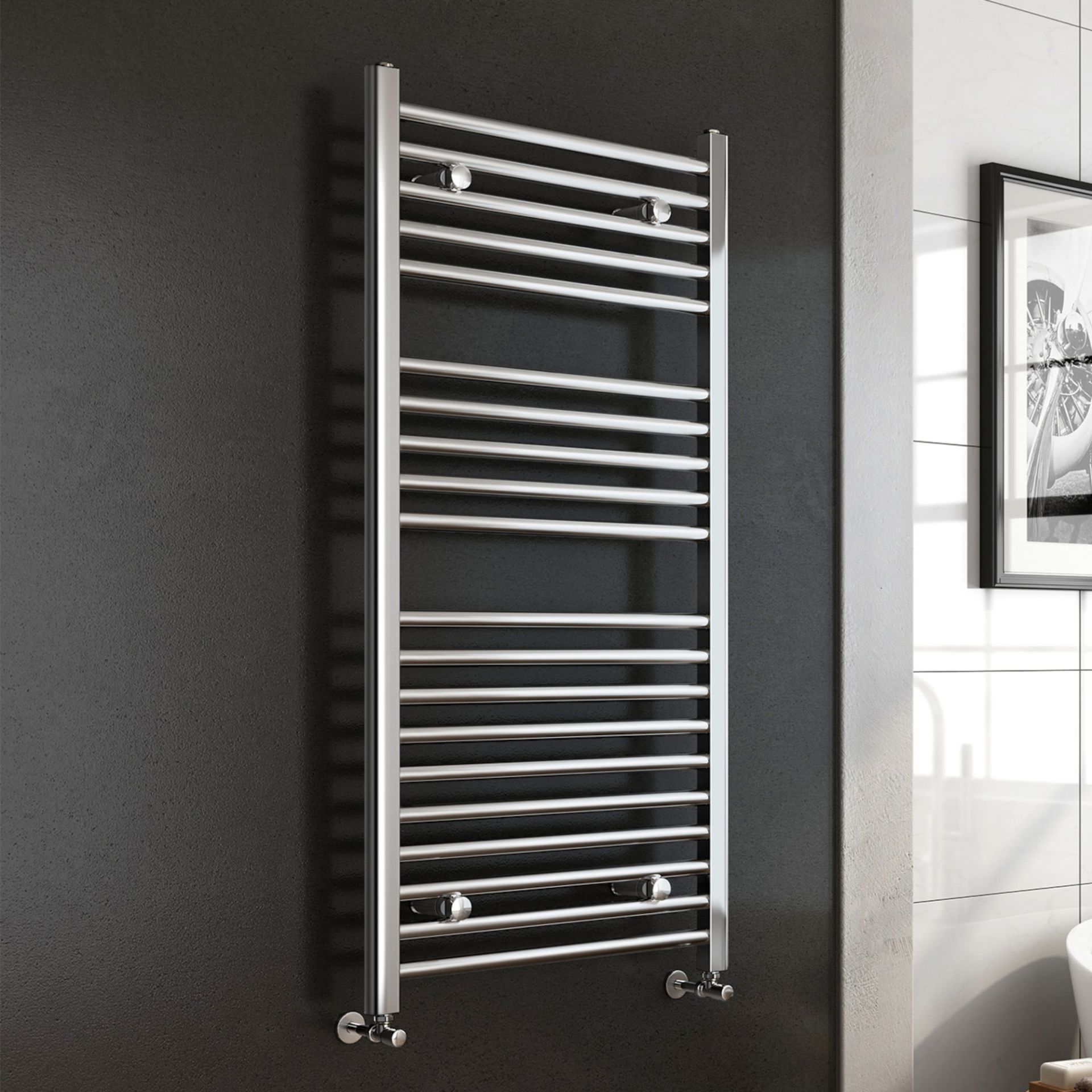 (XM111) 1200x450mm - 25mm Tubes - Chrome Heated Straight Rail Ladder Towel Radiator. This premium