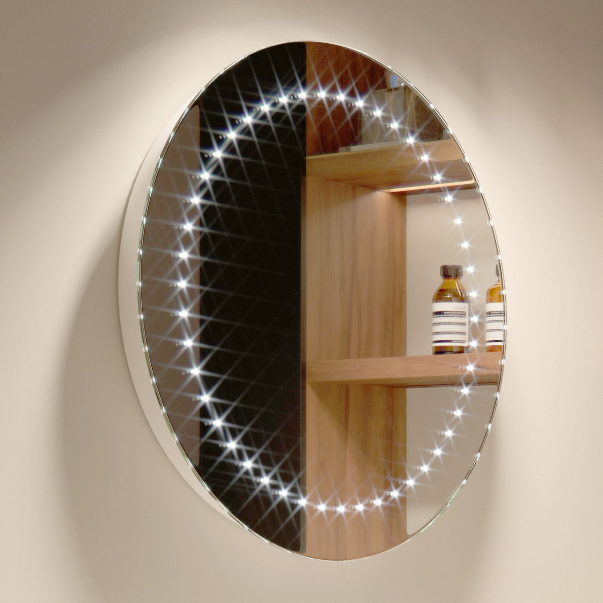 (MT178) 500x500mm Orb Round Illuminated LED Mirror - Battery Operated. Energy saving controlled On /