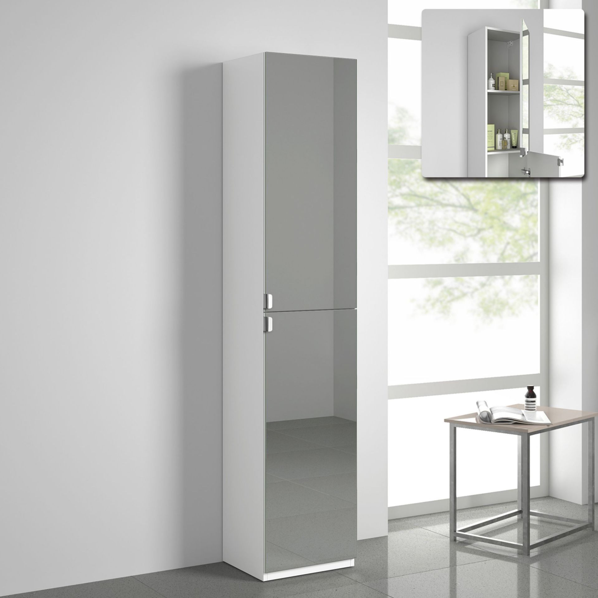 (MT58) 1700x350mm Mirrored Door Matte White Tall Storage Cabinet - Floor Standing. RRP £249.99.