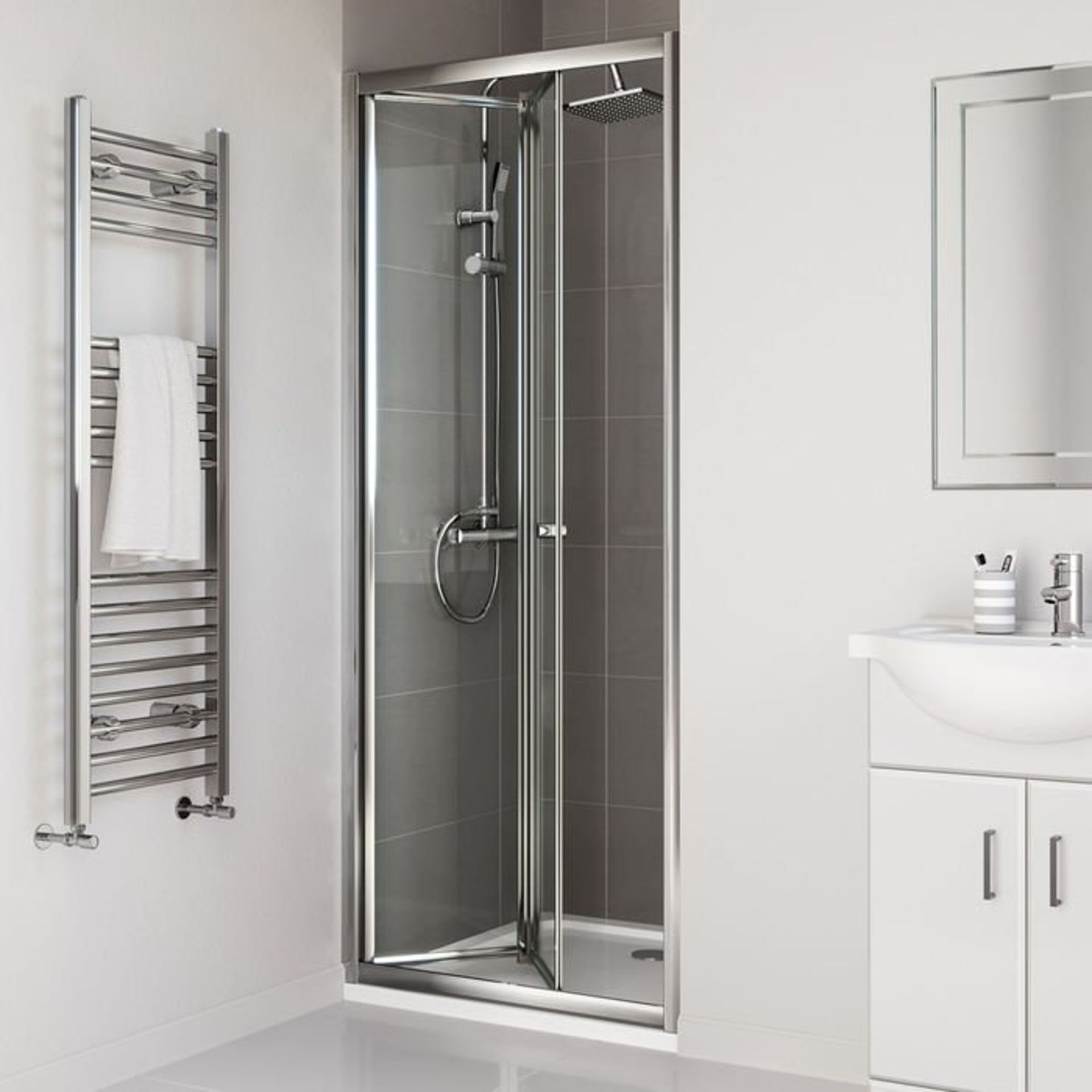 (H94) 700mm - Elements Bi Fold Shower Door 4mm Safety Glass Fully waterproof tested with cushioned - Image 2 of 4