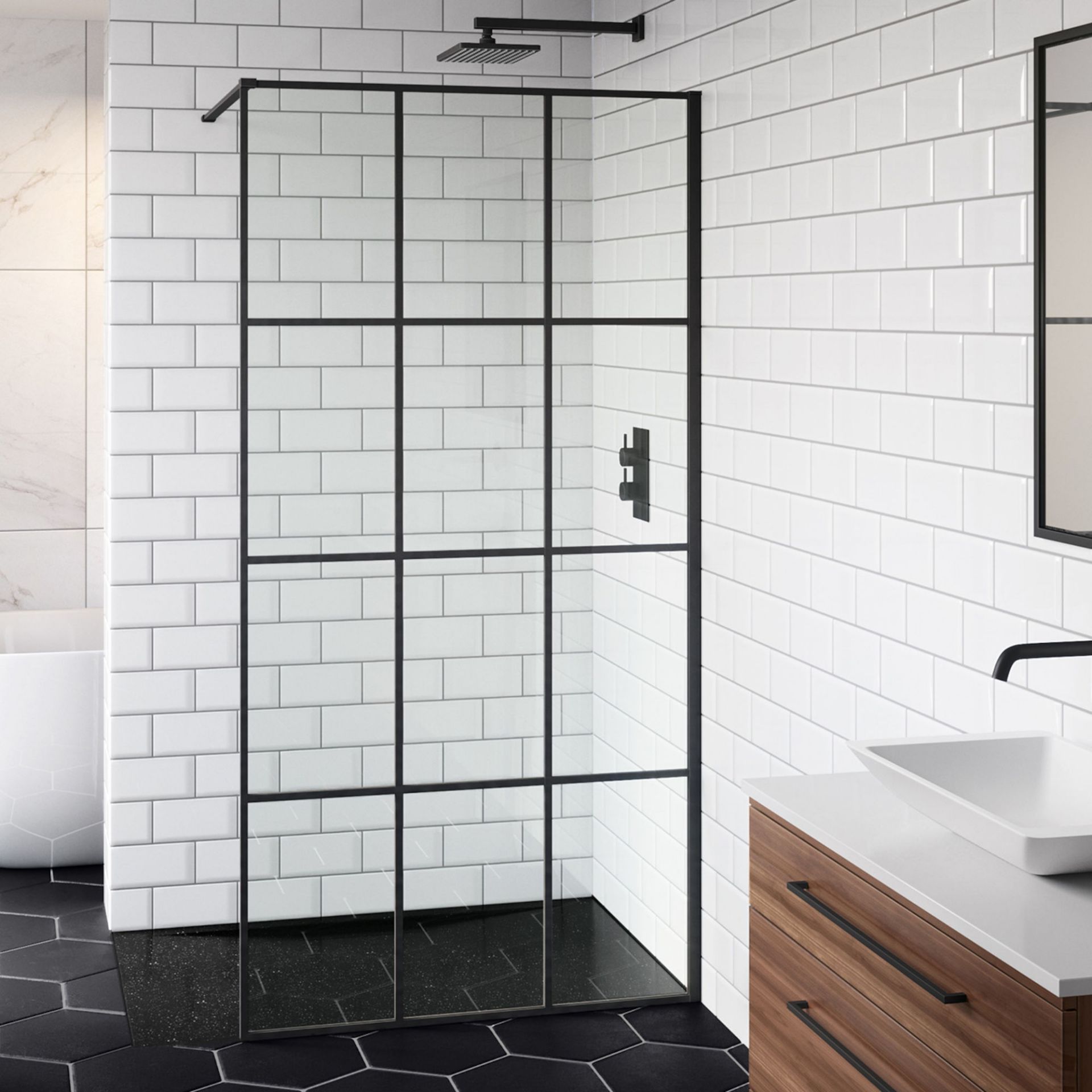 (VN26) 1000mm - 8mm Designer Black Shoji Wetroom Panel. RRP £399.99. Stylish matte black finish - Image 2 of 5