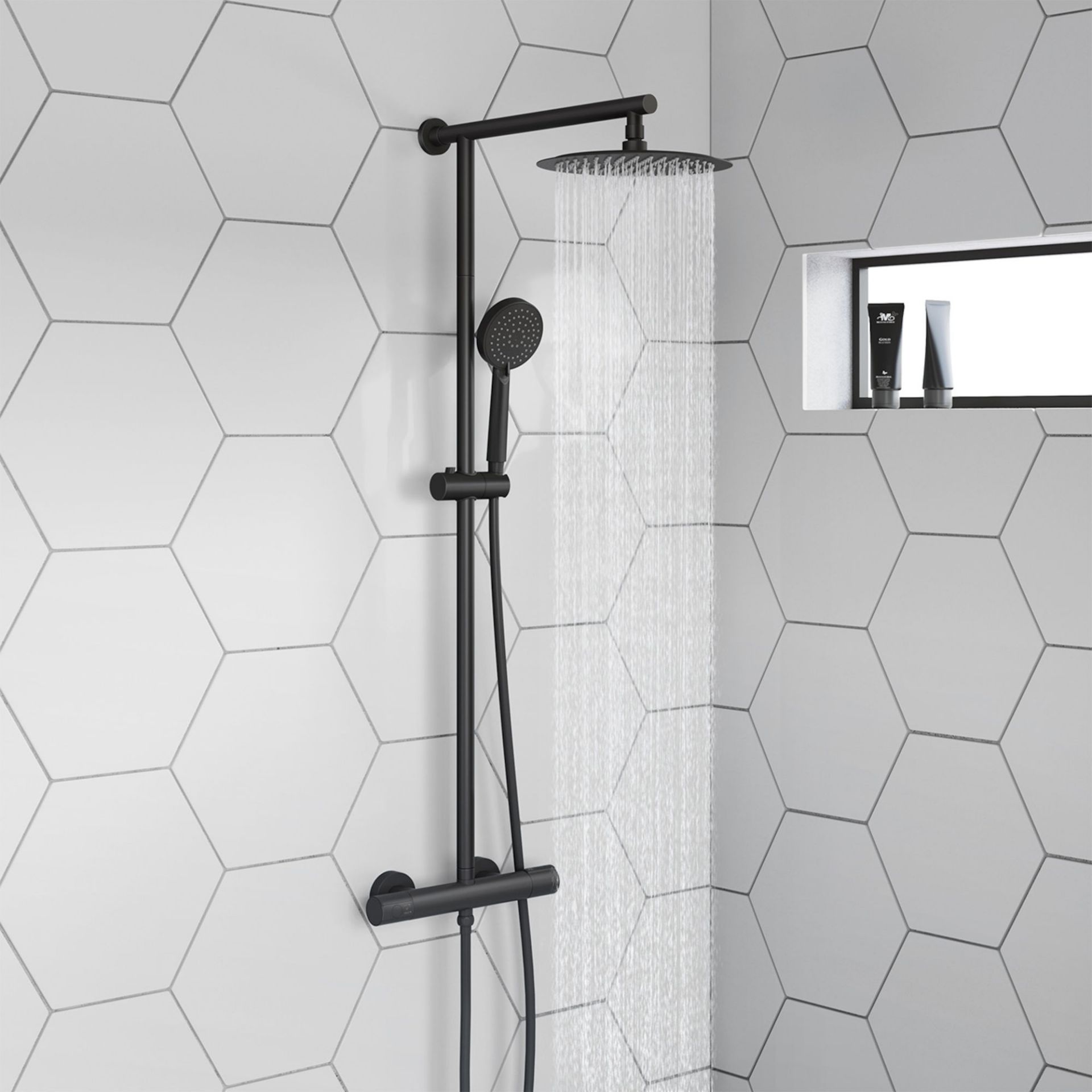 (VN51) Matte Black Round Exposed Thermostatic Shower Kit & Medium Head. Manufactured from long