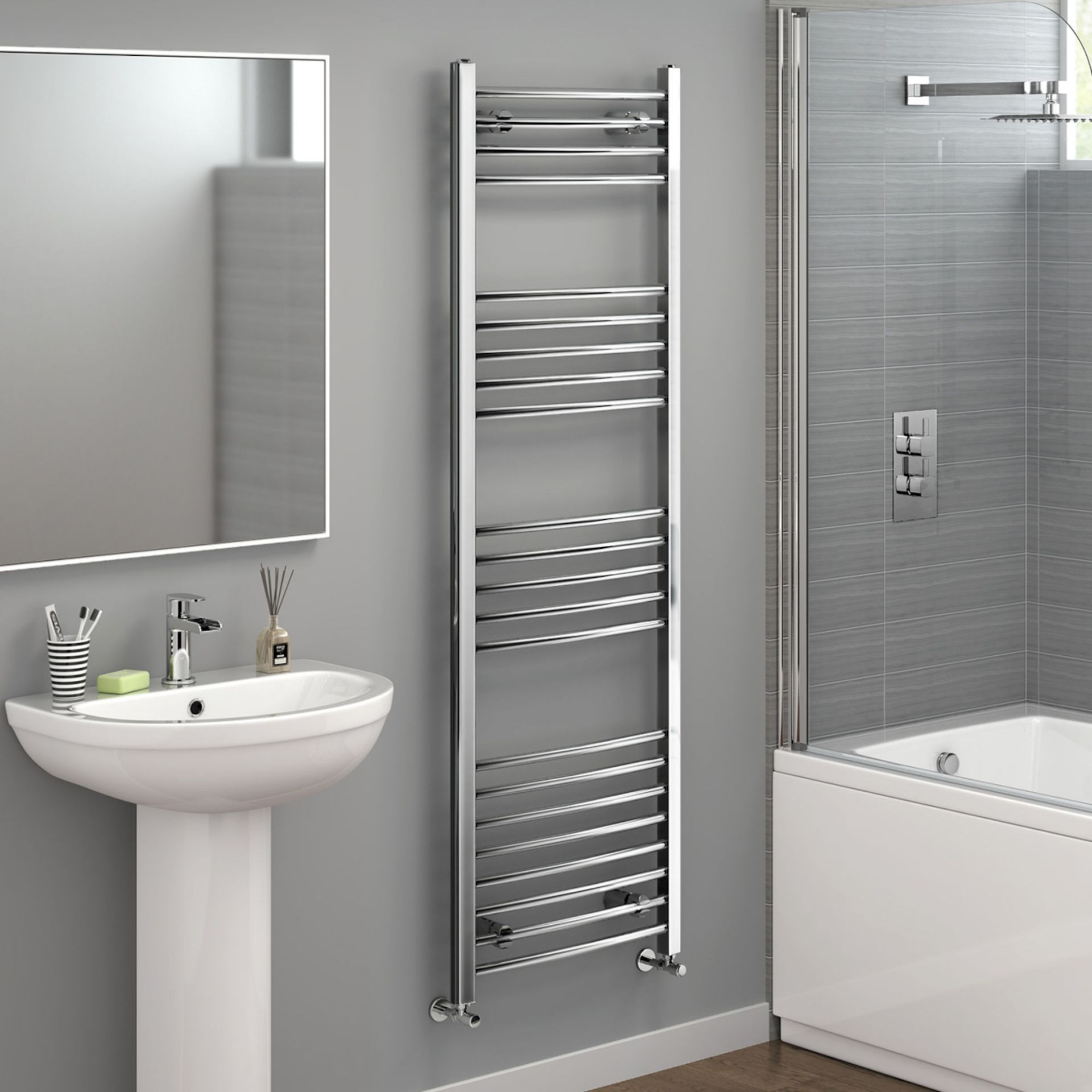 (DK14) 1600x500mm - 20mm Tubes - Chrome Curved Rail Ladder Towel Radiator. Made from chrome plated