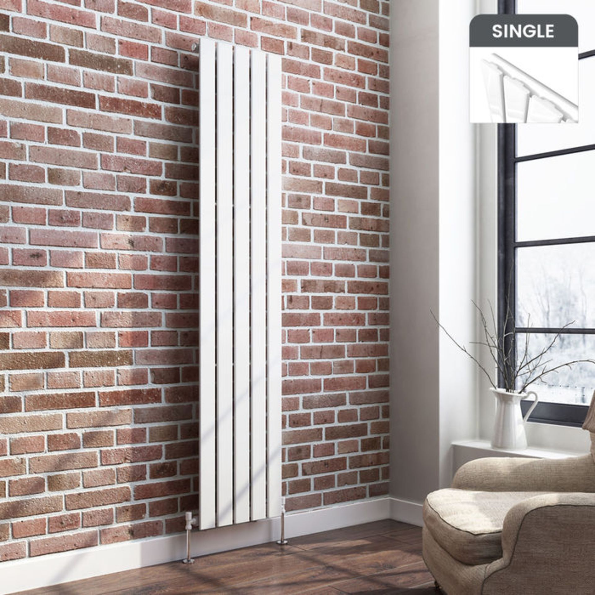 (W50) 1800x376mm Gloss White Single Flat Panel Vertical Radiator. RRP £254.99. Made with low