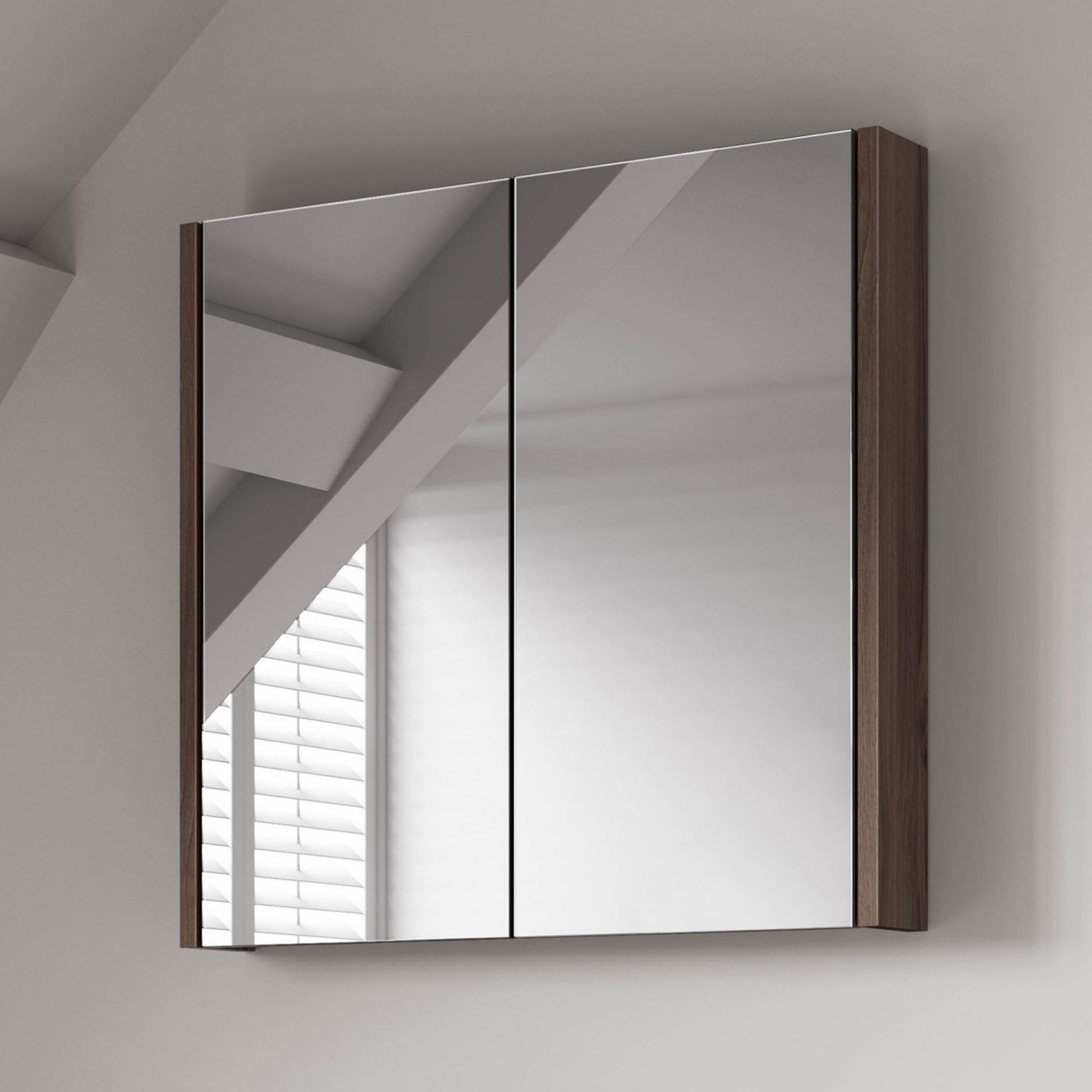 (DK142) 600mm Walnut Effect Double Door Mirror Cabinet. RRP £299.99. Sleek contemporary design