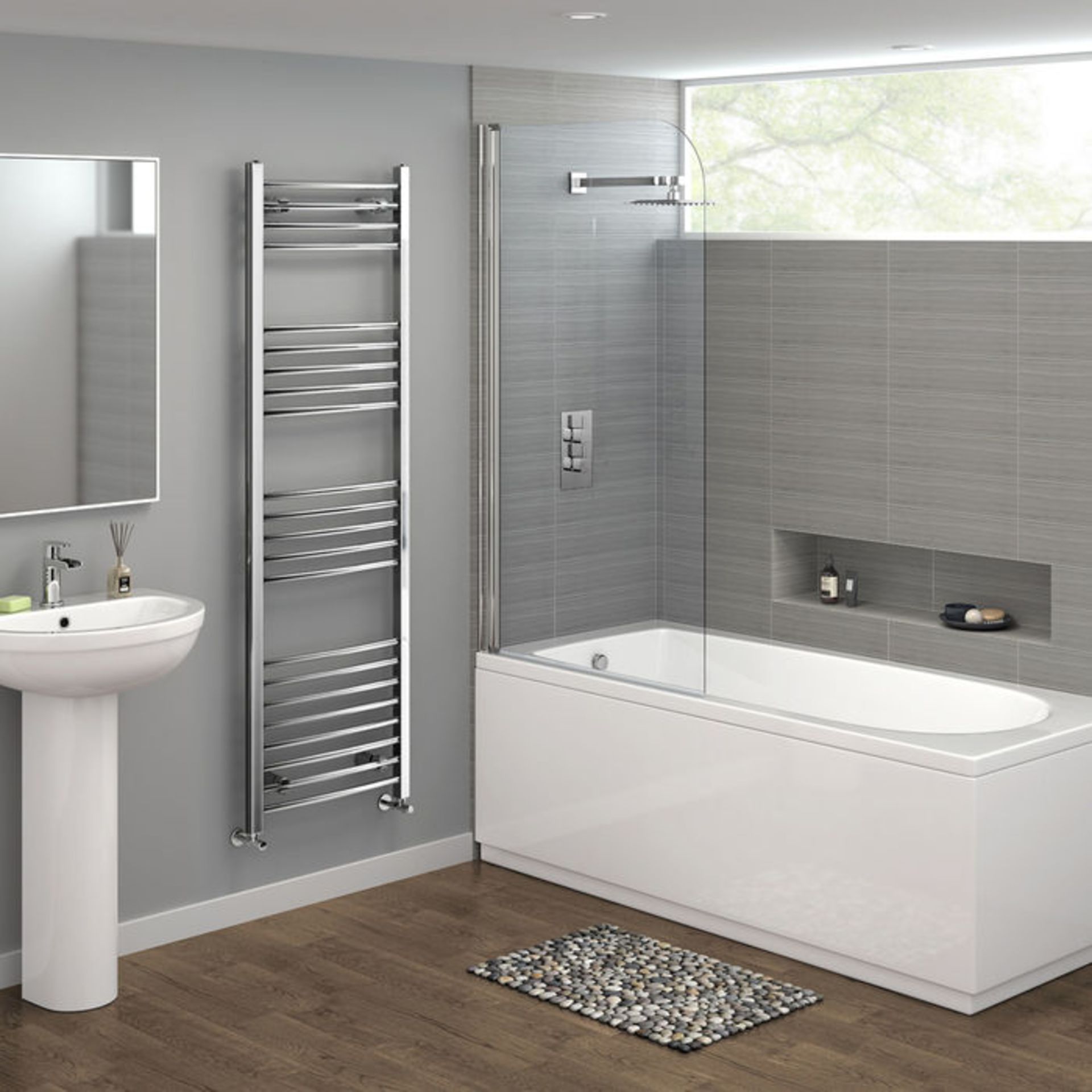 (DK14) 1600x500mm - 20mm Tubes - Chrome Curved Rail Ladder Towel Radiator. Made from chrome plated - Image 2 of 4