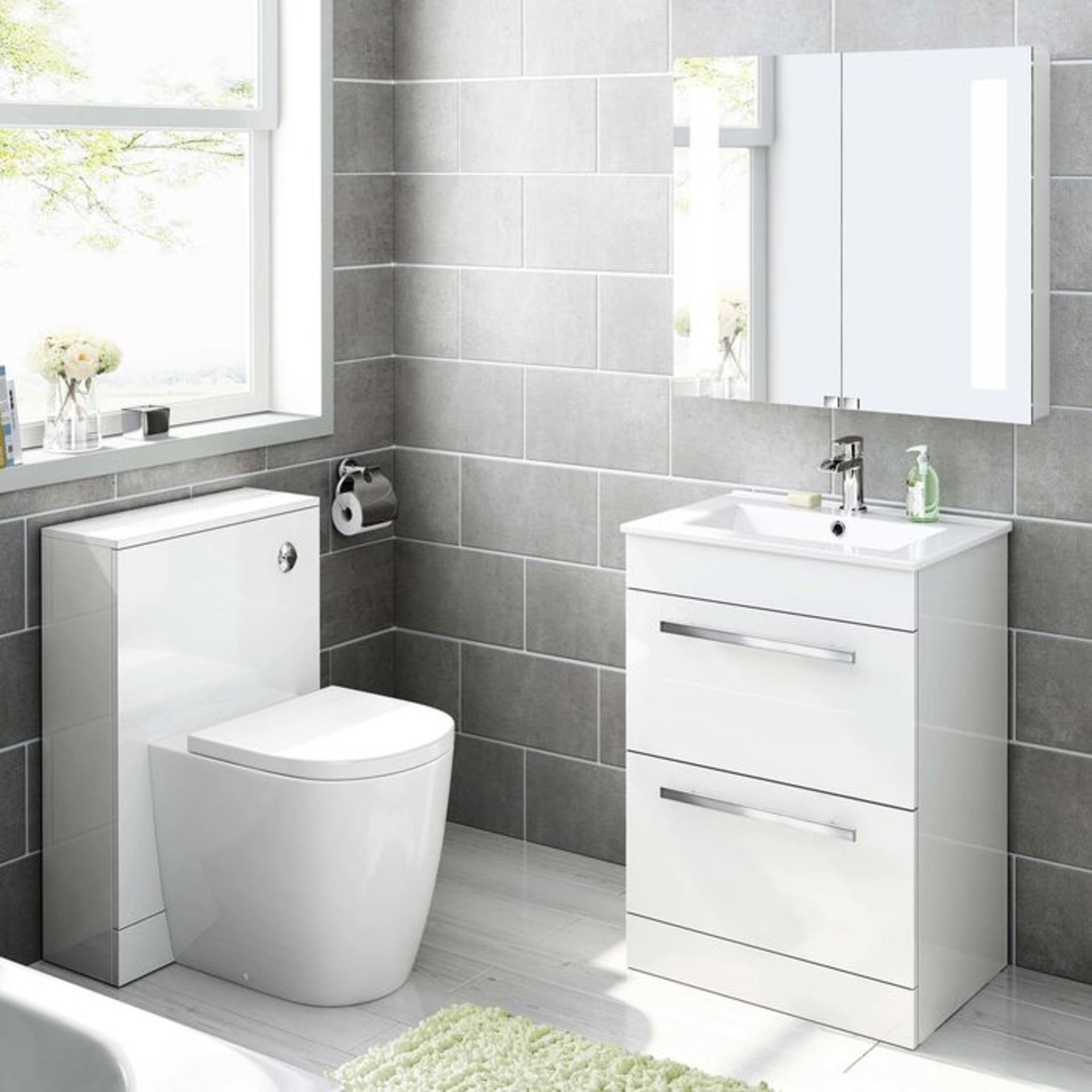 (DK305) 600mm Avon High Gloss White Double Drawer Basin Cabinet - Floor Standing. RRP £499.99. Comes - Image 3 of 5