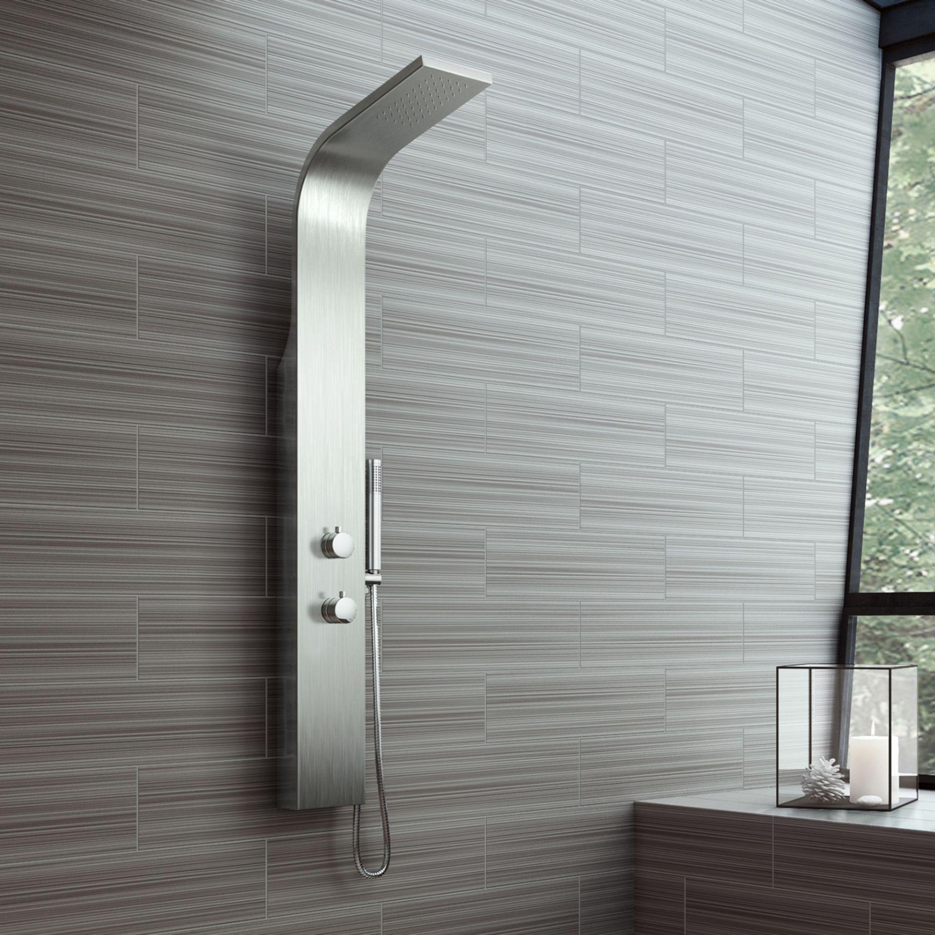 (DK39) Exposed Panel Brushed Steel Shower Tower & Handheld. Feel inspired with this contemporary