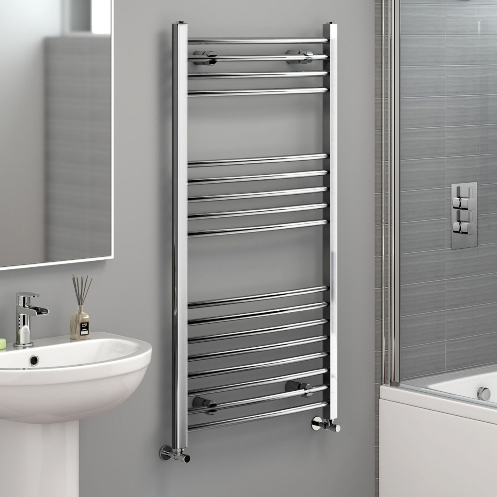 (DK28) 1200x600mm - 20mm Tubes - Chrome Curved Rail Ladder Towel Radiator. Made from chrome plated