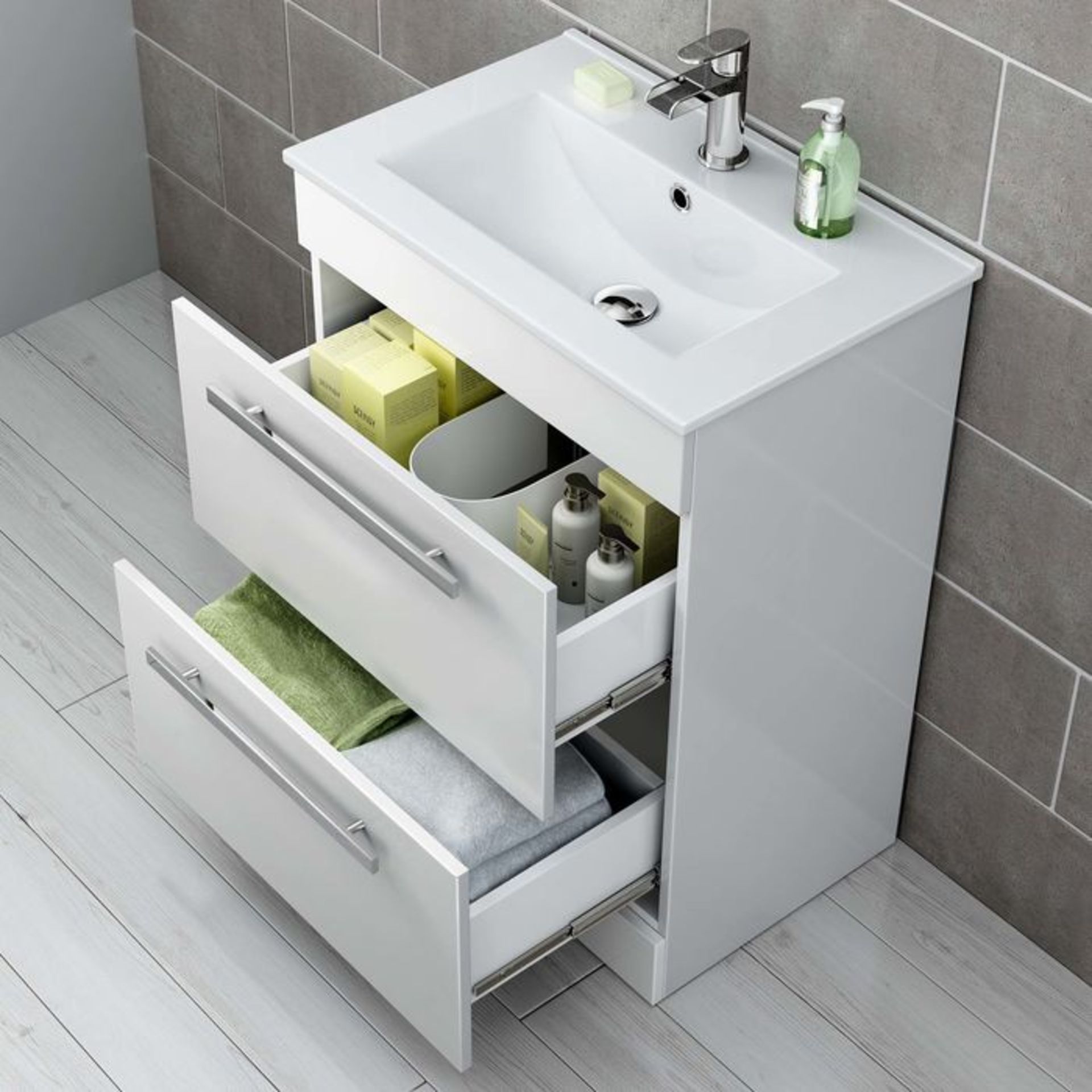 (DK305) 600mm Avon High Gloss White Double Drawer Basin Cabinet - Floor Standing. RRP £499.99. Comes - Image 2 of 5