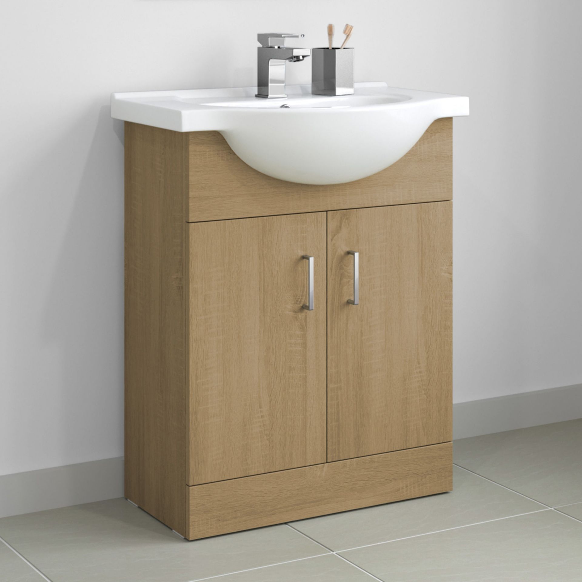 (DK252) 650x300mm Quartz Oak Effect Built In Basin Cabinet. RRP £349.99. COMES COMPLETE WITH BASIN..