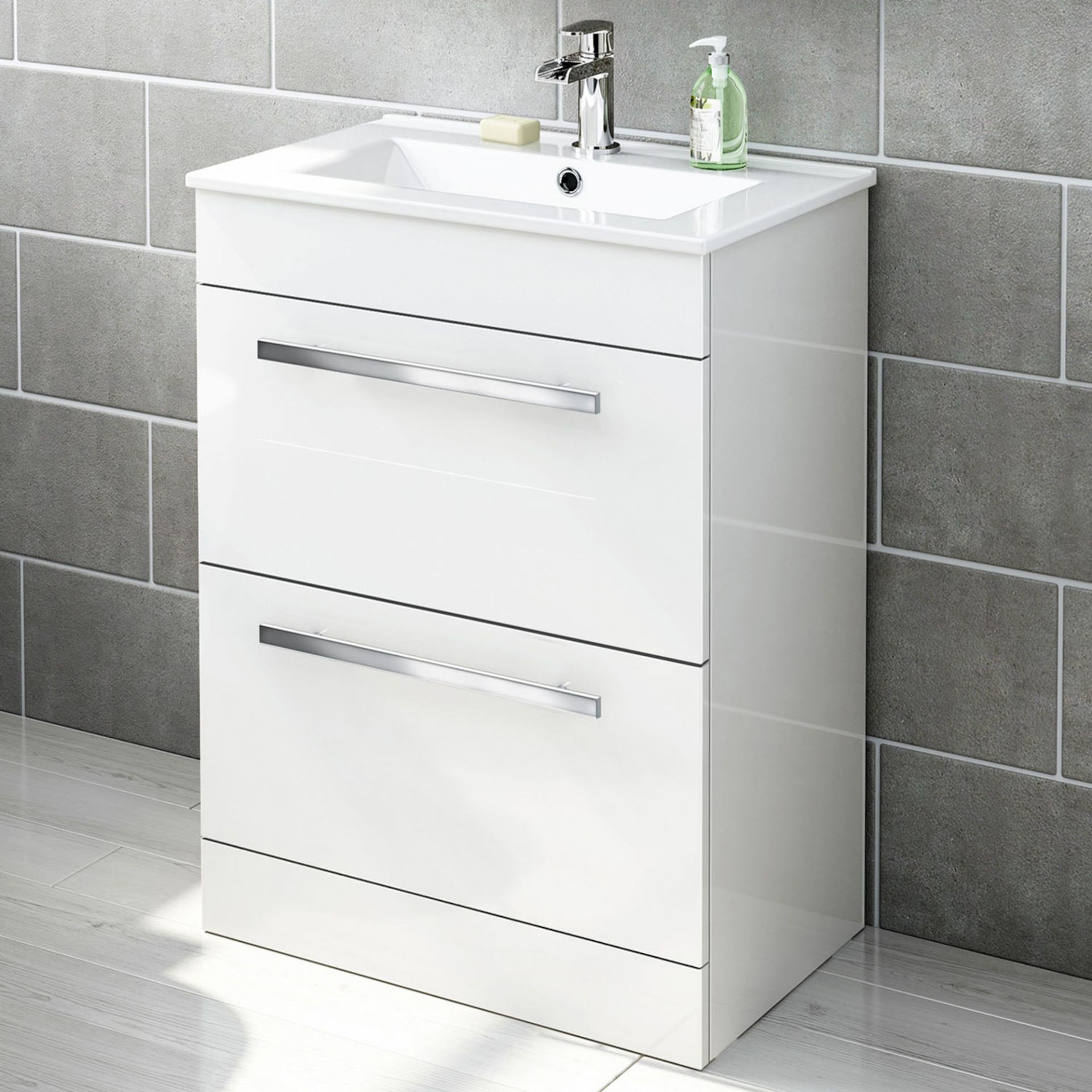 (DK305) 600mm Avon High Gloss White Double Drawer Basin Cabinet - Floor Standing. RRP £499.99. Comes