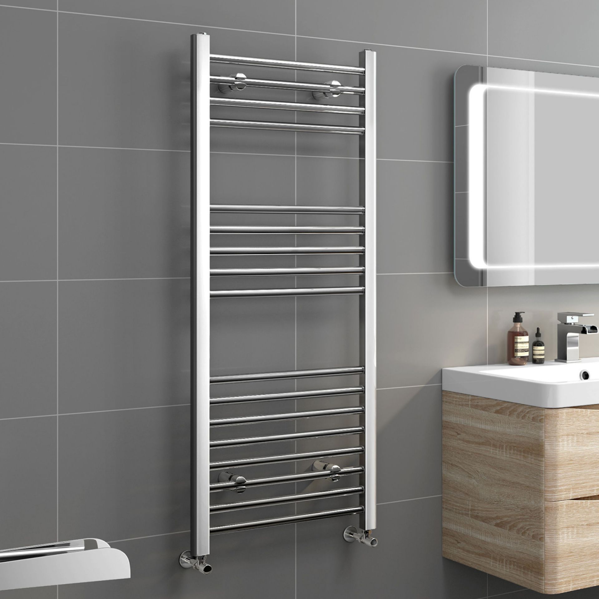 (DK25) 1200x500mm - Chrome Heated Straight Towel Rail Ladder Radiator - 20mm Tubes. . Made from