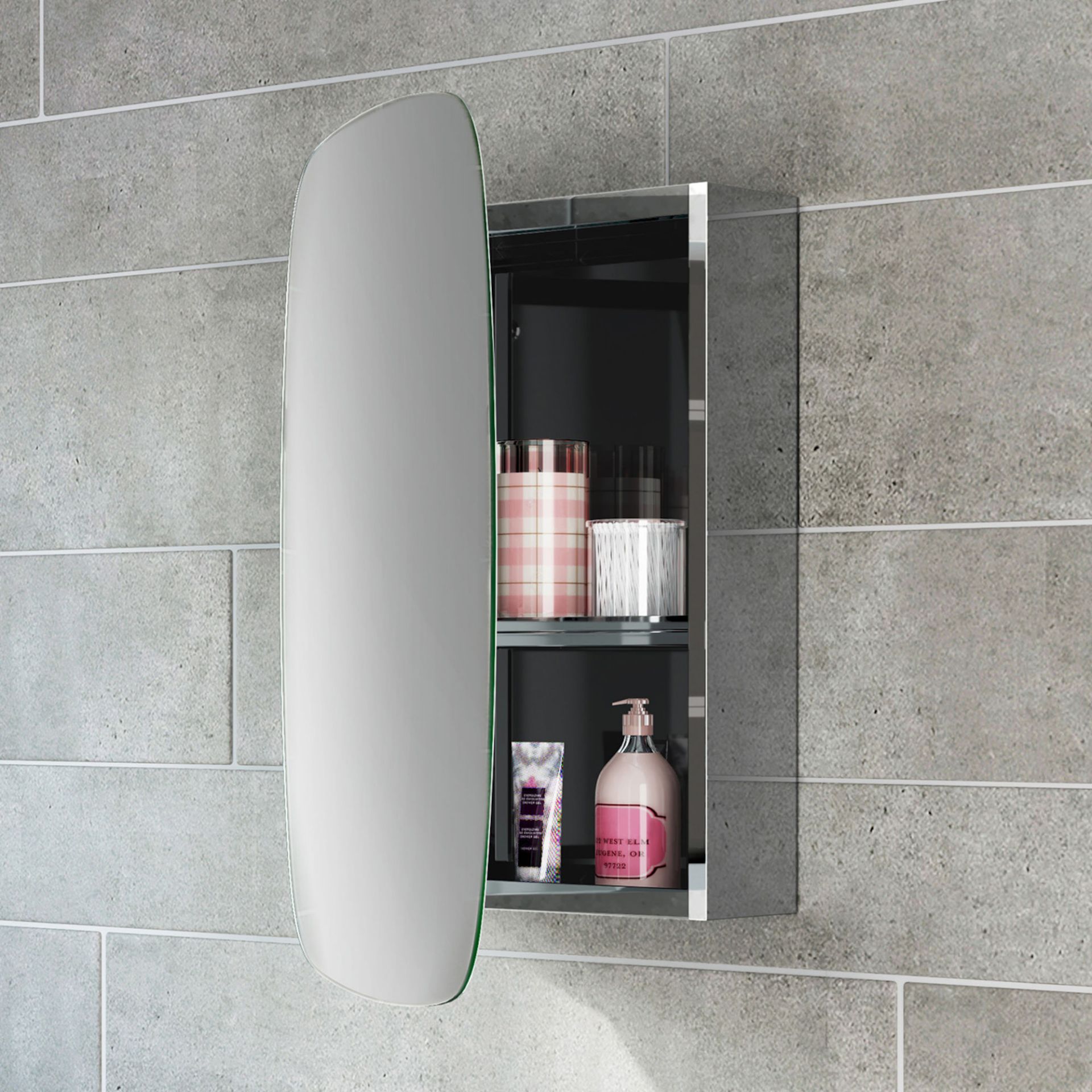 (DK114) 450x600 Curved Rectangular Liberty Stainless Steel Mirror Cabinet. Made from high-grade