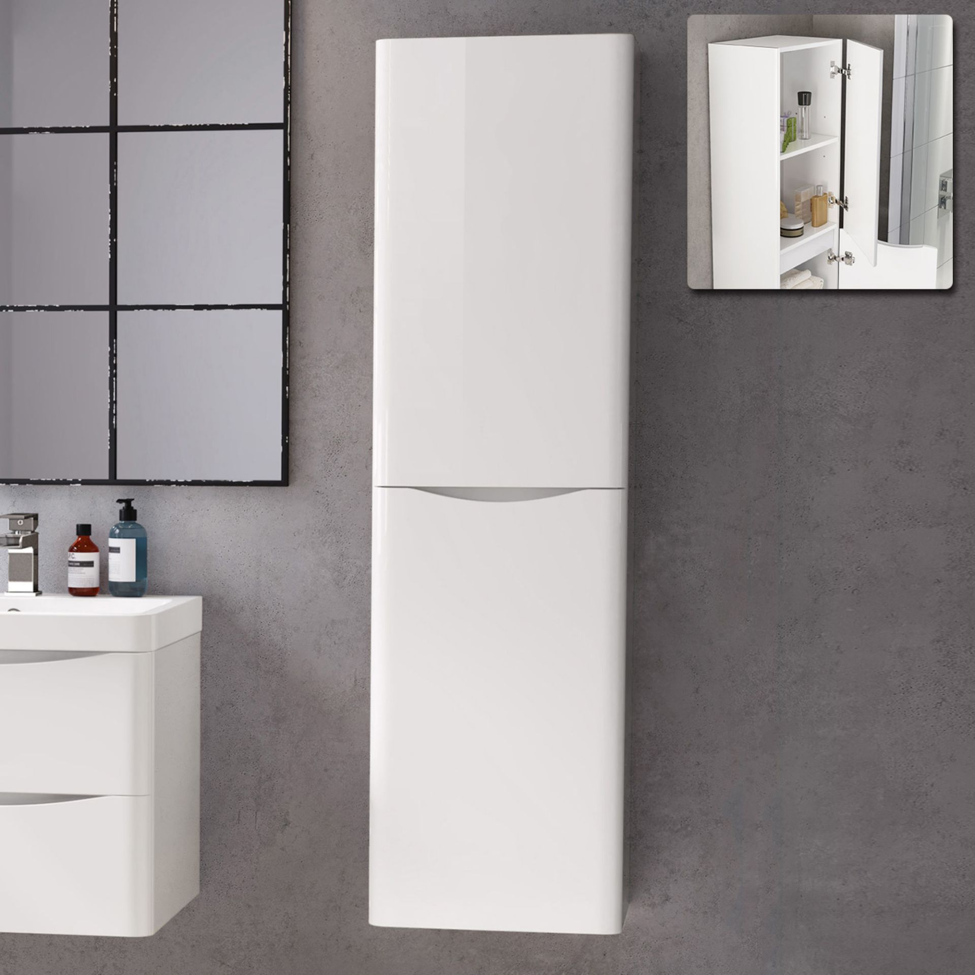 (SP52) 1400mm Austin II Gloss White Tall Wall Hung Storage Cabinet - Right Hand. RRP £299.99.