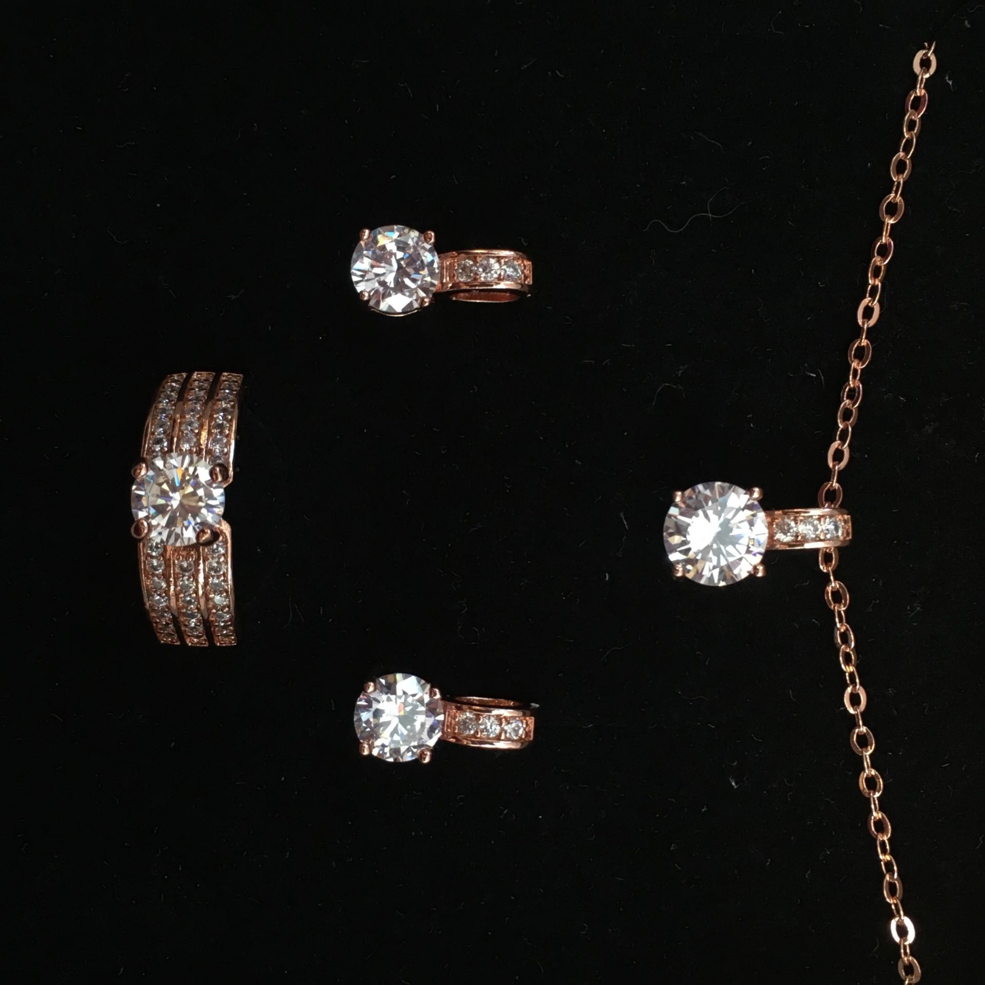 Rose Gold Plated, Three Piece, Necklace, Earring And Ring Set With Cubic Zirconia Stones