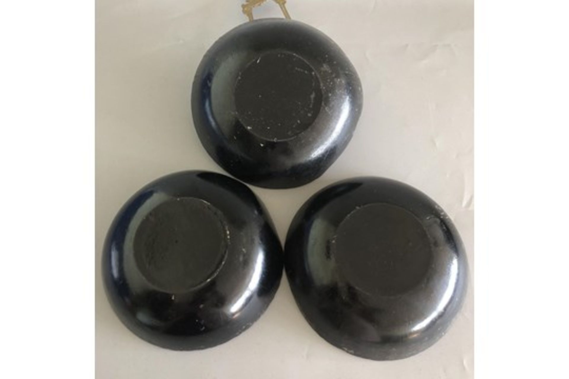Group or Set of 3 antique black & gilt Japanese lacquered papier mache bowls. - Image 7 of 8