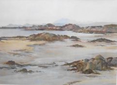 Signed watercolour by Leslie P Stewart Seascape -Skye from Traigh Sands, Arisaig