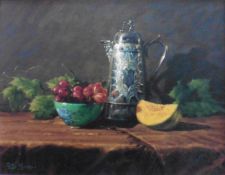 Peter Munro (Scottish 1954) signed Still life oil painting “Silver and Fruit”