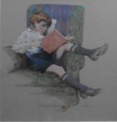 Boy Reading sitting reading signed with a monogram