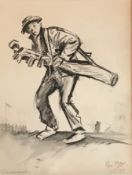 Original pencil of golf caddy at Sandwich golf course,by Phil May