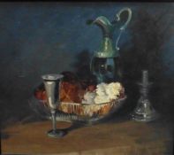 Bread and Pewter still life oil painting by Helen M Turner Bn 1937 PPAI, GSWA Exhib R.G.I