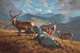 Peter Munro (Scottish 1954) signed landscape oil painting Stags in a Scottish Glen