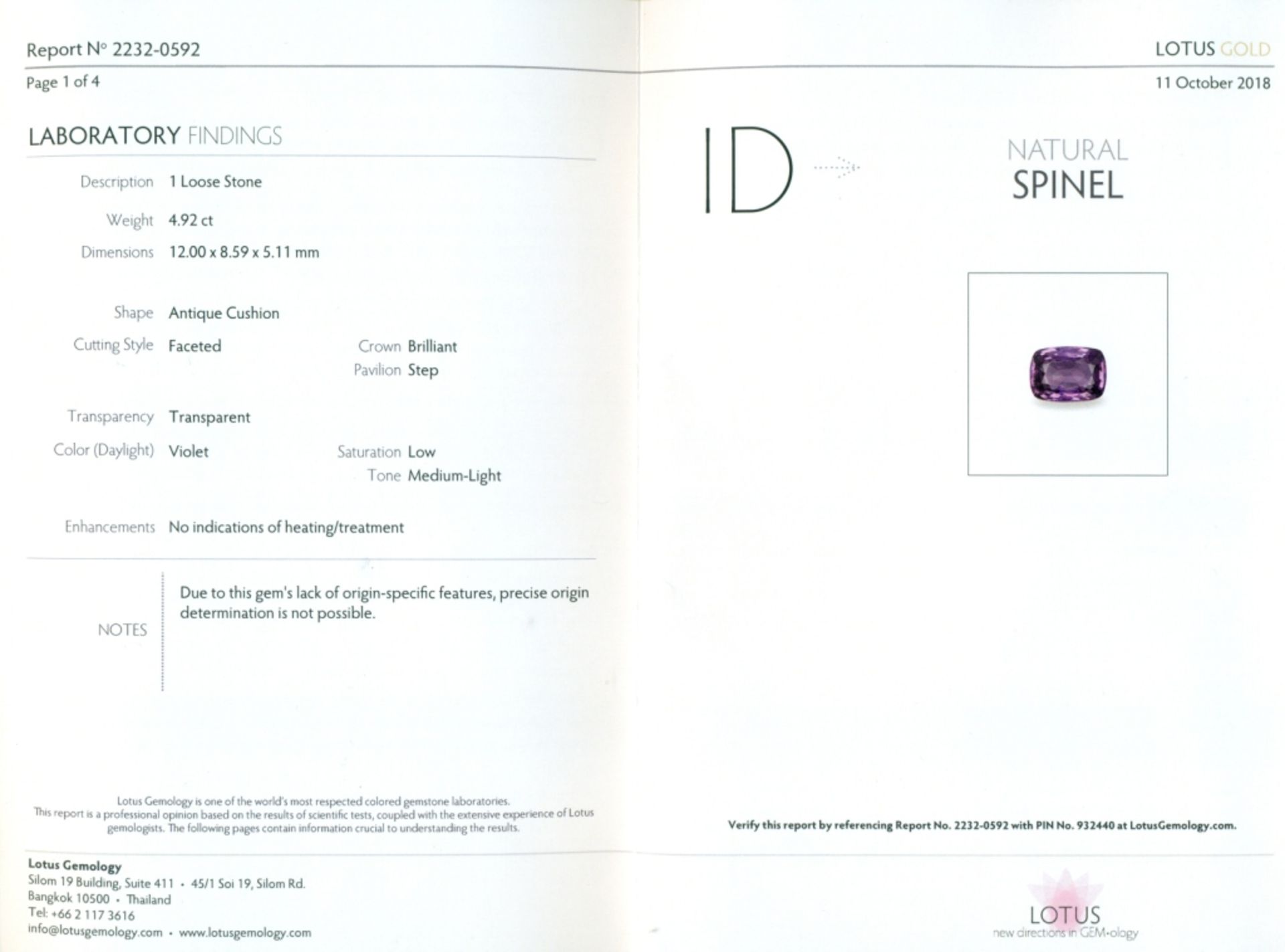 LOTUS Certified 4.92 ct. Violet Spinel - BURMA, MYANMAR - Image 2 of 10