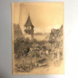 Antique Sketch of a French Village Titled Briant / Brient. Signed Nellie Liberty